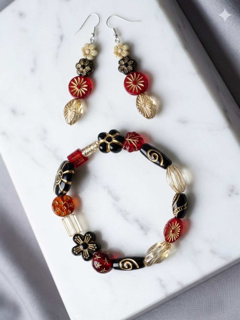Handcrafted Red Black and Gold Floral Bead Bracelet and Earring Set
